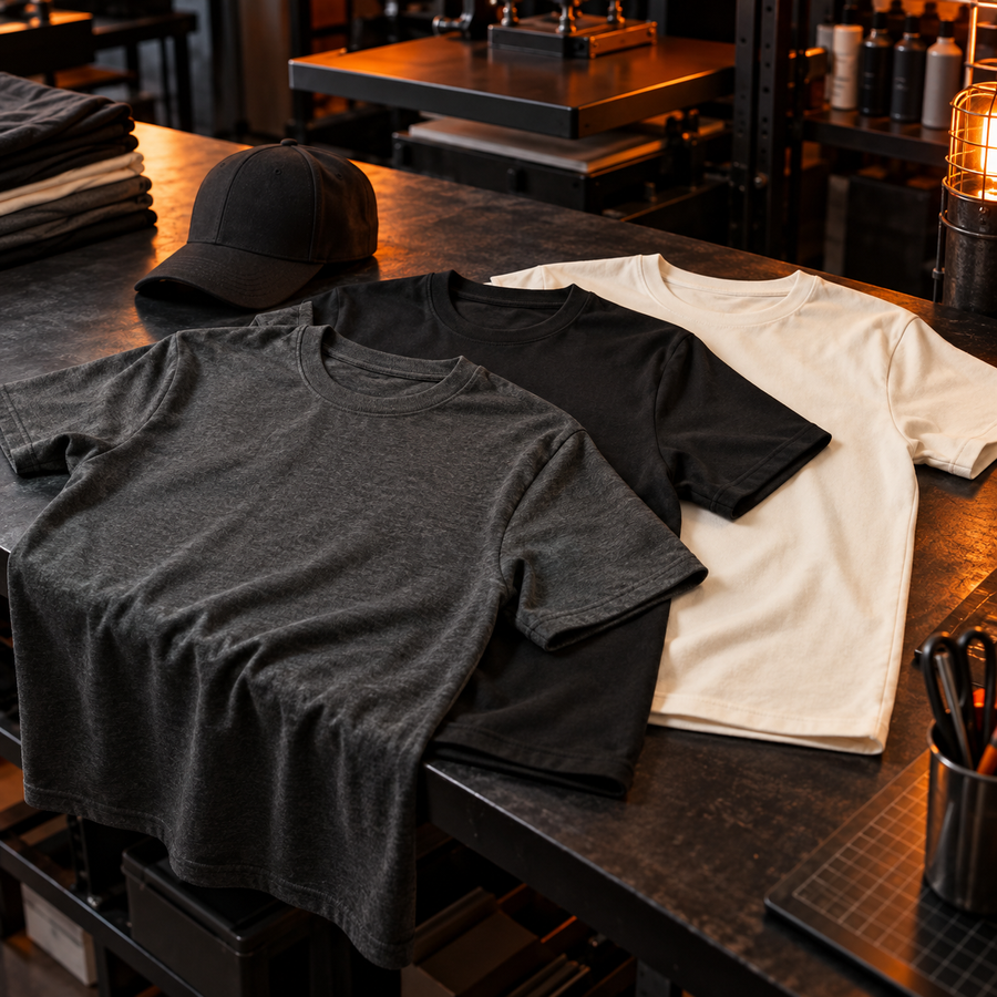 Custom apparel blanks arranged in a dark industrial print studio