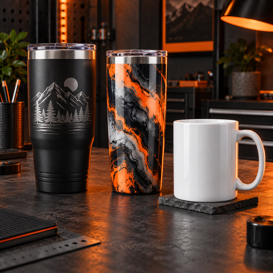 Engraved and sublimated custom drinkware in an industrial studio