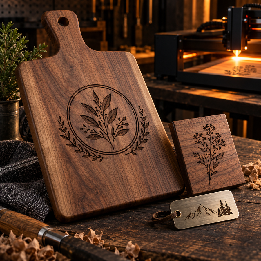 Custom engraved cutting board and keepsakes in a warm workshop