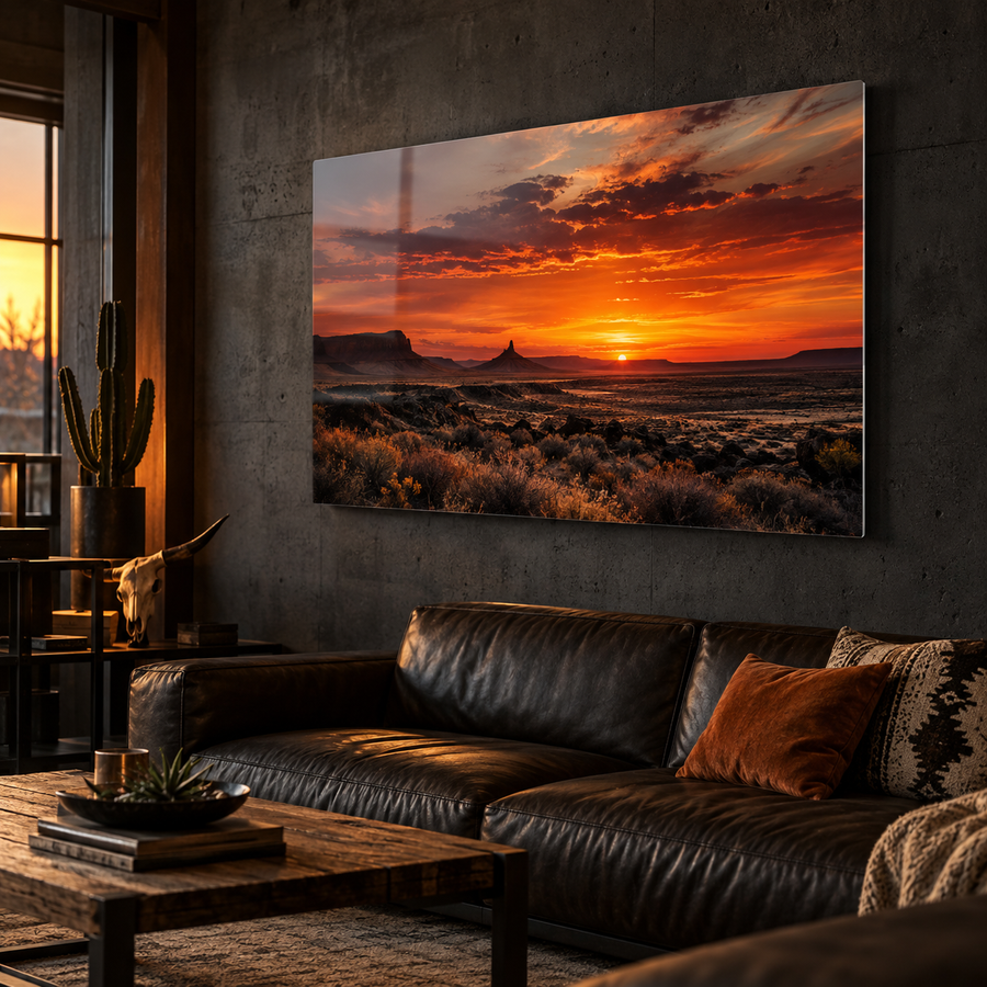 Lifestyle concept showing a custom metal print in a dark modern living room