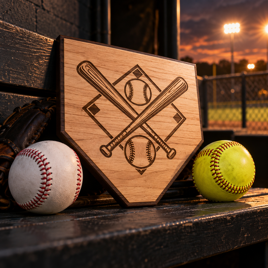Custom engraved baseball home plate with baseball and softball