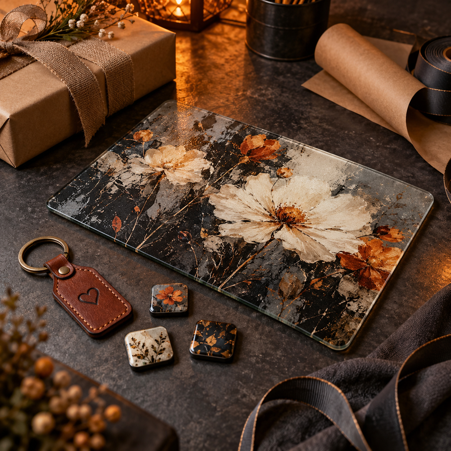 Personalized cutting board, keychain, and magnets arranged as a gift set